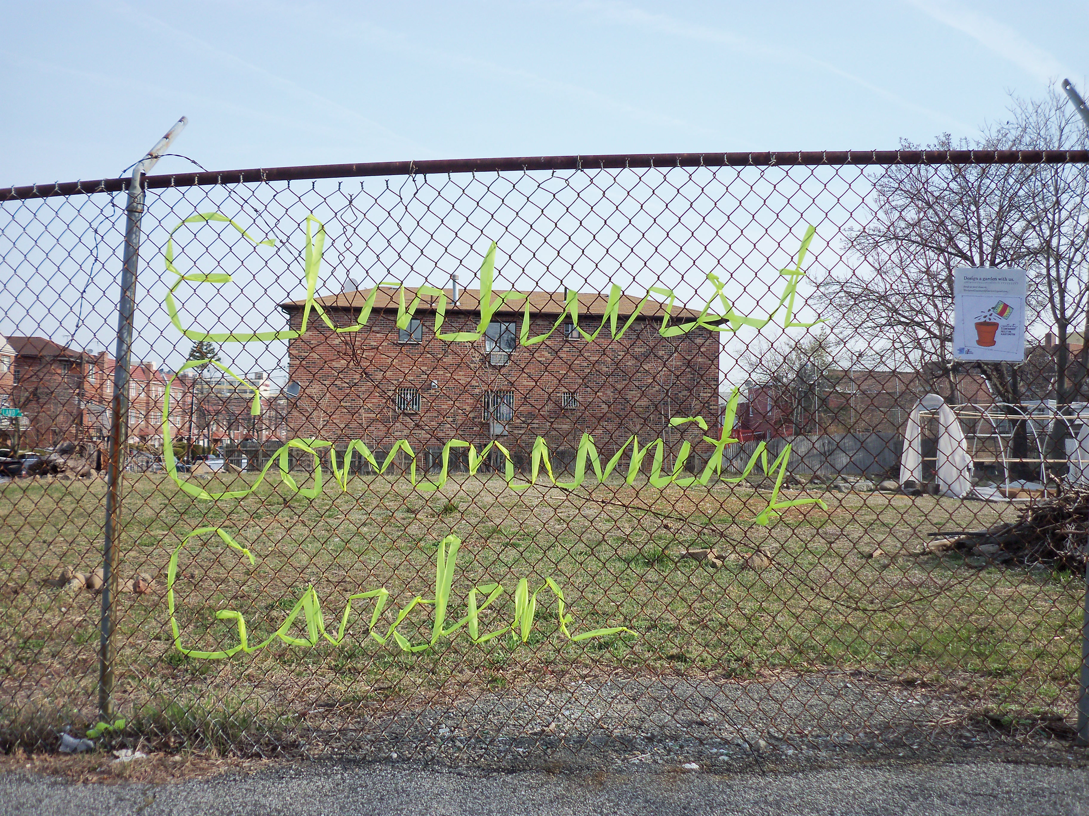 Elmhurst Community Garden sign by annabel roberts-mcmichael, also in Spanish and Chinese